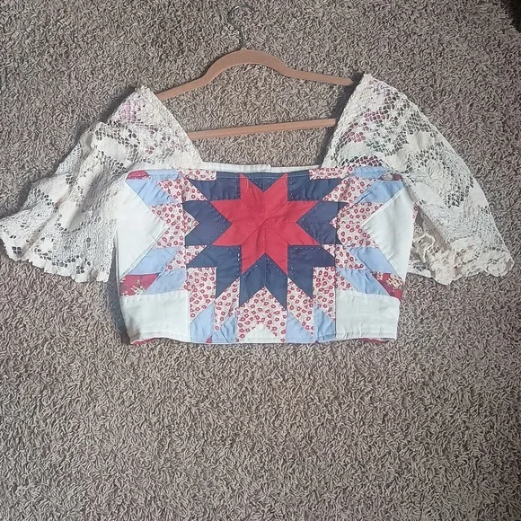 Handmade Cropped Vintage Upcycled Quilt Blouse - Picture 4 of 4